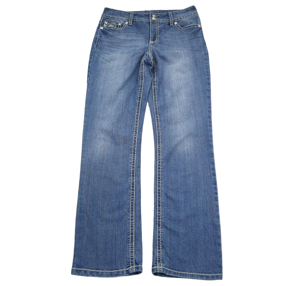 GB Pants Womens 6 Blue Denim Flat Front Straight Embroidered Pockets Jeans